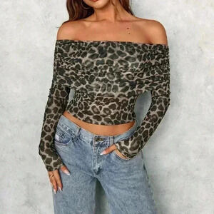 Multicolor Casual Women's Leopard Print Off-Shoulder Form-Fitting Top